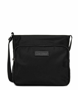 Borsa a tracolla nera in nylon con tasca frontale con zip e logo del marchio in rilievo. Cintura regolabile, superficie liscia, design funzionale.