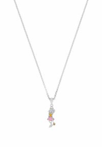 Snygg silverhalsband med en färgglad berlock av en figur i rosa klänning, gul topp och stjärndetaljer, utformad med intrikata detaljer.