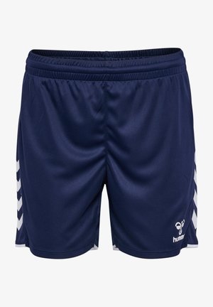 Marineblaue Sportshorts mit elastischem Bund, weißen Chevron-Streifen an den Seiten und weißem Hummel-Logo auf dem rechten vorderen Bein.