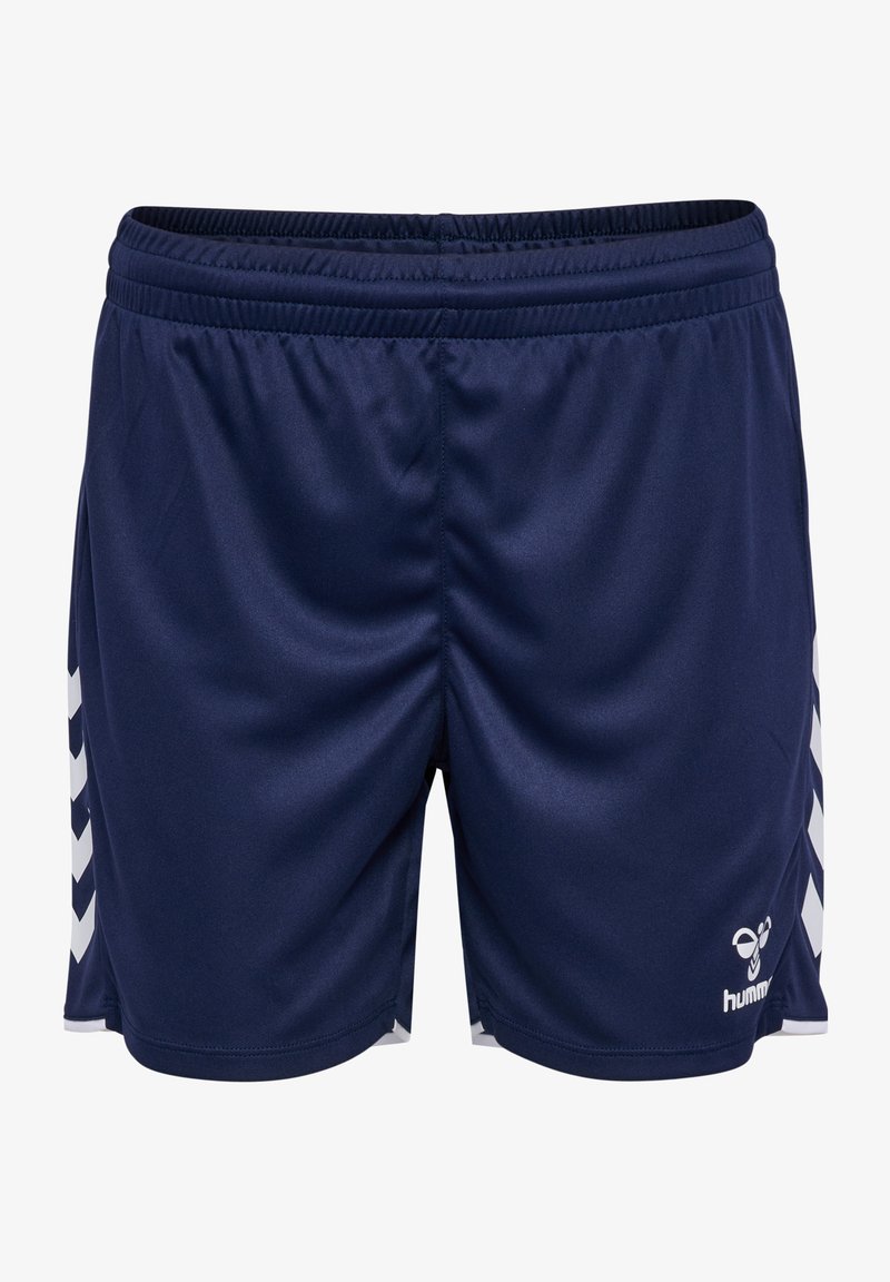 Shorts de sport bleu marine avec taille élastique, bandes chevrons blanches sur les côtés et logo blanc Hummel sur la jambe droite avant.