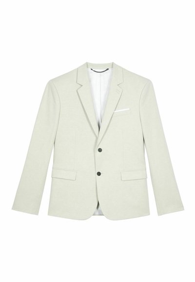 Blazer grigio chiaro con una trama liscia, design a un solo petto, due tasche frontali e una tasca sul petto. Bottoni neri e fodera bianca.