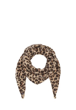Soft, brown and black leopard print scarf folded in a triangular shape with pointed ends against a white background.