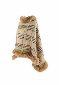 Poncho a quadri beige con strisce nere, con un morbido bordo in pelliccia sintetica. Il tessuto strutturato offre calore e comfort.