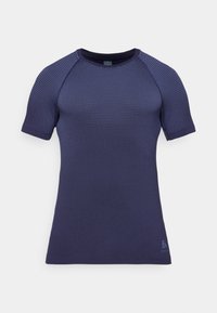 Kortermet treningsgenser i mørk marineblå med et strukturert, pustende stoff. Har rund hals og tettsittende design for komfort.