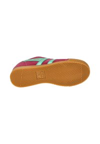 Shoe with a burgundy suede upper, mint green stripes, and a textured gum rubber sole featuring a herringbone pattern and logo.