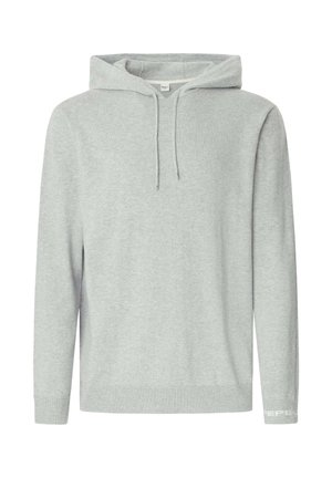 Gaišpelēka hoody ar saķeri uz galvas, garām piedurknēm un ribotām aprocēm. Iespējama teksturēta auduma un logo detaļa apakšējā piedurknē.