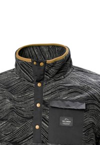 Pullover in pile con un motivo grigio e nero, colletto alto, bordi in tessuto oro e una tasca sul petto con etichetta logo e bottoni a pressione.