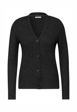 Cardigan noir avec un col en V, des manches longues et cinq boutons à l'avant. Il présente un tissu tricoté texturé et des poignets côtelés.
