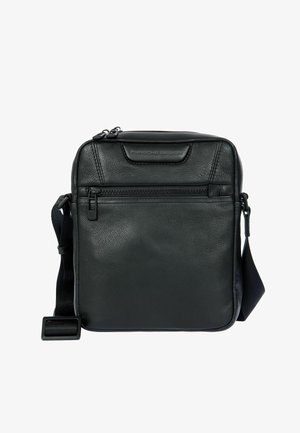 Borsa a tracolla in pelle nera con finitura testurizzata, dotata di chiusura superiore con cerniera, tracolla regolabile e tasca frontale con cerniera.