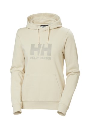 Sweat à capuche beige Helly Hansen avec poche avant et cordon de serrage à la capuche, arborant un grand logo "HH" et le texte "Helly Hansen" sur la poitrine.