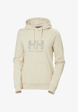 Sweat à capuche beige Helly Hansen avec poche avant et cordon de serrage à la capuche, arborant un grand logo "HH" et le texte "Helly Hansen" sur la poitrine.