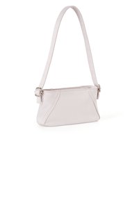 Borsa a tracolla in pelle rosa chiaro con una sottilissima tracolla, forma rettangolare, dettagli di cucitura sottili e chiusura con zip nella parte superiore.