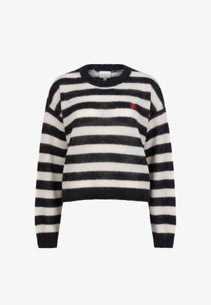 Gestreepte trui van zacht, fuzzy materiaal. Heeft horizontale marineblauwe en crème strepen met een cropped ontwerp en een klein rood logo op de borst.