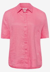 Camicia in lino rosa a maniche corte con colletto e patta dei bottoni nascosta, progettata per un abbigliamento casual o semi-formale.