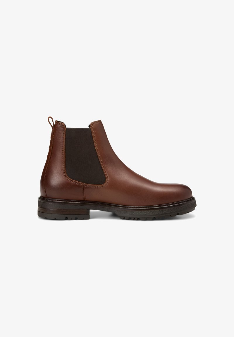 Bottines Chelsea en cuir marron avec panneau latéral élastique, semelle en caoutchouc texturé, bout rond et languette à l'arrière pour un enfilage facile.