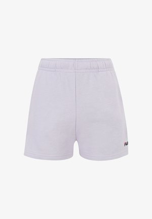 Helle lila Baumwollshorts mit einem elastischen Bund, die auf der unteren linken Seite ein kleines gesticktes FILA-Logo in Rot und Schwarz haben.