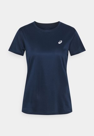 Dunkelblaues kurzärmeliges Sport-T-Shirt mit rundem Ausschnitt und kleinem weißem ASICS-Logo auf der linken Brust.