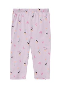 Fioletowe legginsy wykonane z miękkiego materiału mają radosny wzór z postaciami z kreskówek, palmami i kwiatami w różnych pastelowych kolorach.