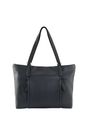 Dunkelblaue Ledertasche mit strukturiertem Oberflächenmaterial, zwei Schulterriemen, Reißverschluss oben und seitlicher Reißverschlusstasche.