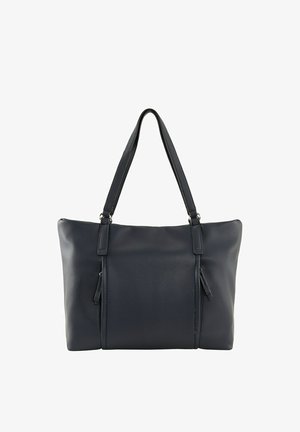 Donkerblauwe leren tote bag met een gegoten oppervlak, twee schouderbanden, een bovenste ritssluiting en een zijvak met rits.