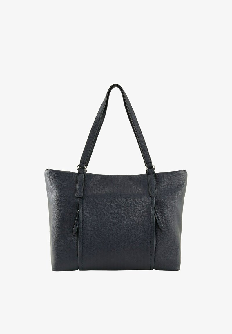 Donkerblauwe leren tote bag met een gegoten oppervlak, twee schouderbanden, een bovenste ritssluiting en een zijvak met rits.