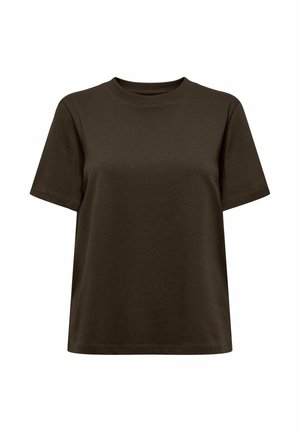Ciemnobrązowy t-shirt z krótkim rękawem, o luźnym kroju, gładki, bez widocznych logo czy wzorów.