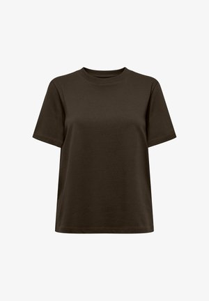 Ciemnobrązowy t-shirt z krótkim rękawem, o luźnym kroju, gładki, bez widocznych logo czy wzorów.