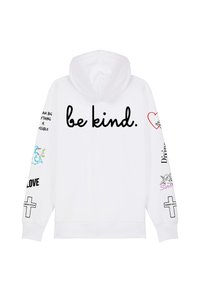 Hoodie bianco con la scritta "sii gentile" sul davanti. Decorato con grafiche colorate e frasi su entrambe le maniche. Materiale morbido, vestibilità standard.