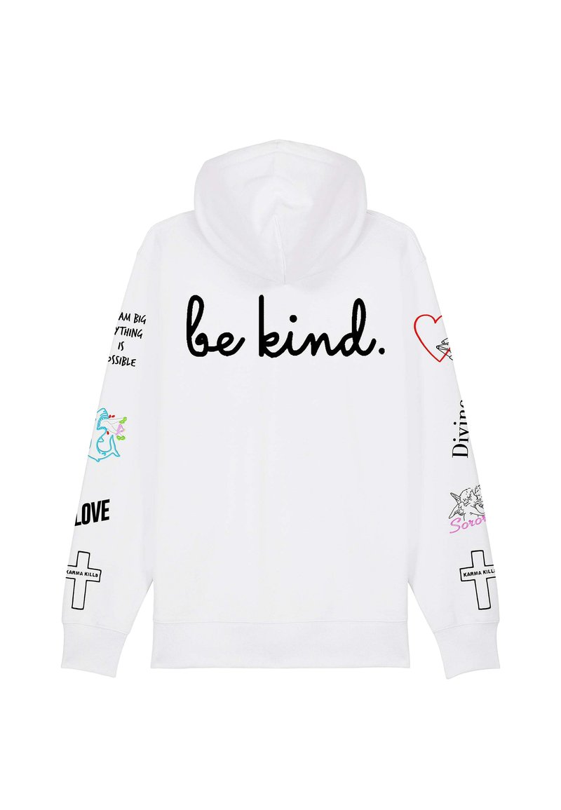 Hoodie bianco con la scritta "sii gentile" sul davanti. Decorato con grafiche colorate e frasi su entrambe le maniche. Materiale morbido, vestibilità standard.