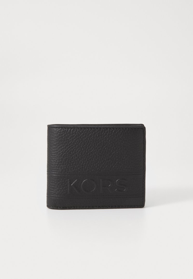 Schwarze Lederbörse mit strukturiertem Finish und erhobenem Logo. Kompakte rechteckige Form mit gesteppten Kanten und ohne sichtbare Beschläge.