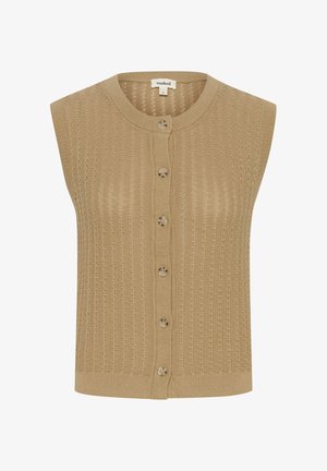 Beige sleeveless knitted cardigan featuring a round neckline, button front closure, and textured pattern with vertical lines.