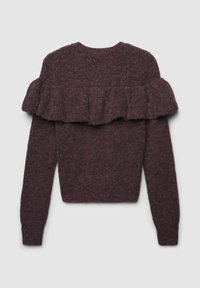 Bordeauxfarbener Pullover mit einer Rüschendesign entlang des Ausschnitts und der Schultern. Hergestellt aus strukturiertem Stoff. Lange Ärmel und runder Ausschnitt.
