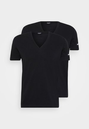 Two black v-neck t-shirts made of cotton. Features short sleeves and a relaxed fit. Brand logo visible on the left sleeve of each shirt.