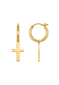 Goldene Creolen mit einem Kreuz-Anhänger, glatter Oberfläche, polierter Verarbeitung und klassischem Design mit einem sicheren Verschluss.