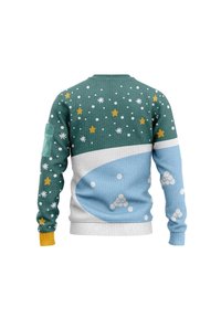 Knit sweater featuring a green top with white snowflakes and yellow stars, blue bottom with geometric patterns, and a side pocket.