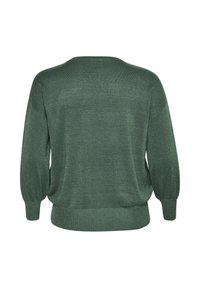 Grön tröja med ett mjukt, texturerat tyg som har en lätt lyster. Designen har lång ärm och en avslappnad, rundad nederkant.