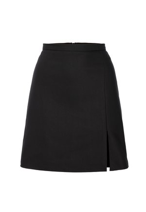 Czarna spódnica w kształcie litery A wykonana z gładkiej tkaniny, z bocznym rozcięciem, dopasowaną talią i ukrytym zamkiem błyskawicznym z tyłu.