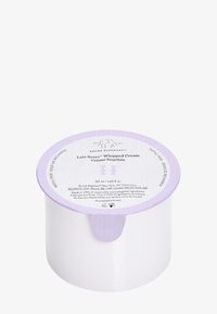 Whipped cream container with a smooth white plastic body, a lilac lid, and printed label displaying product details. Capacity: 50 ml.