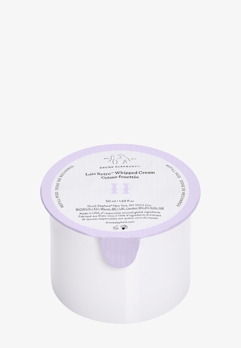 Whipped cream container with a smooth white plastic body, a lilac lid, and printed label displaying product details. Capacity: 50 ml.