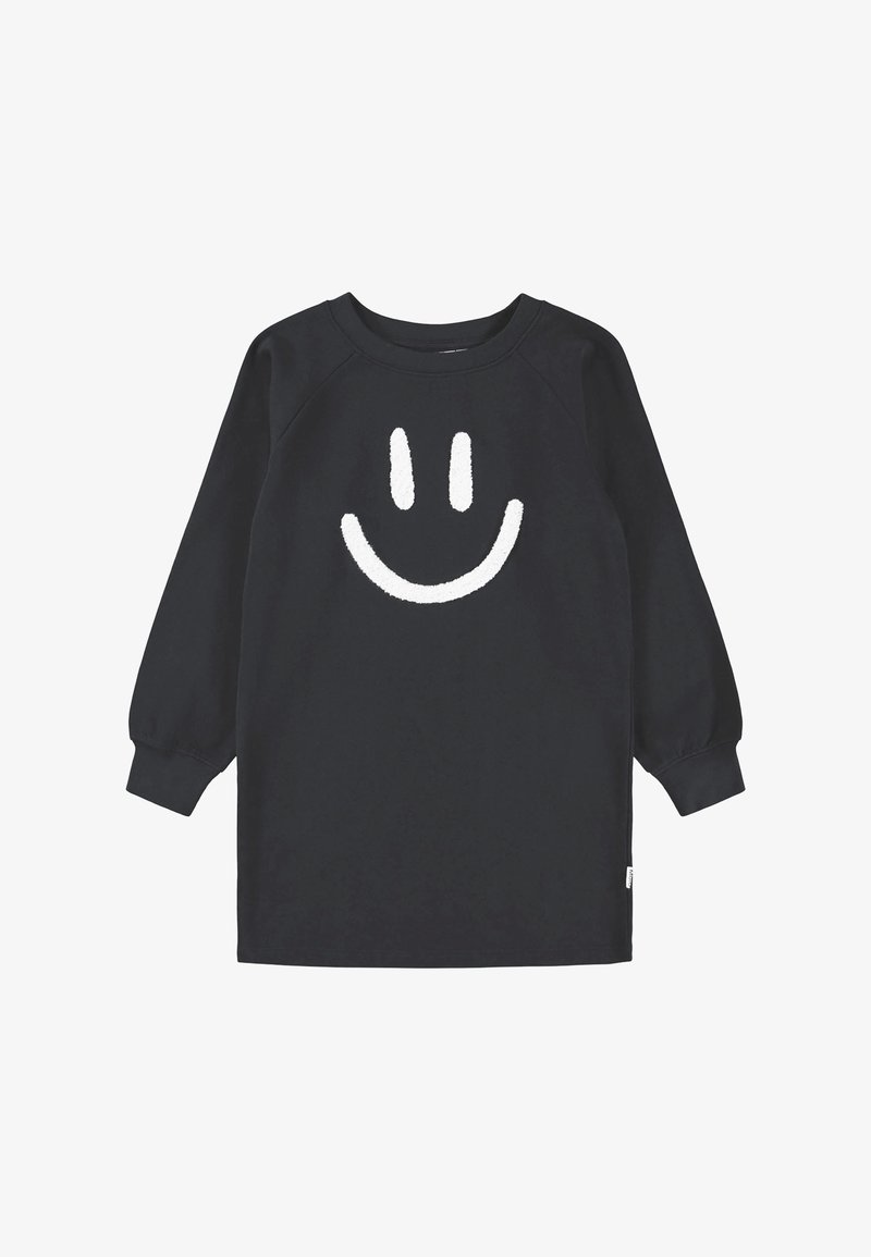 Robe noire à manches longues avec un motif visage souriant texturé blanc sur le devant, avec un col rond et des poignets côtelés.
