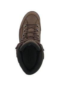 Bota de senderismo de cuero marrón con un collar acolchado, ojales de metal y cordones marrones. Interior texturizado y marca Lowa en la plantilla.