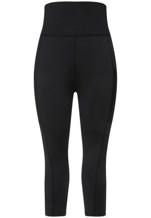 Sorte højtaljede leggings lavet af strækbart stof, med en glat overflade og syninger langs siderne. Længden når midt på læggene.