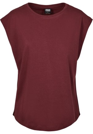Burgundy t-shirt med rund halsringning, kort ärm och avslappnad passform. Tillverkad av mjukt tyg med en slät textur.