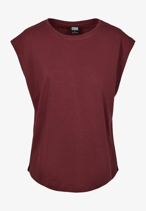 T-shirt bordeaux con scollatura rotonda, maniche corte e vestibilità morbida. Realizzato in tessuto morbido con una texture liscia.