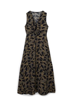 Ärmelloses Midikleid aus dunklem Stoff mit goldenen Blättermotiven. Drapierte Knotendetail an der Vorderseite der Brust und eine A-Linien-Form für fließende Bewegungen.