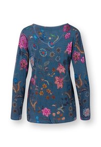 Blauwe lange mouwen sweater met bloemenborduurwerk in roze, geel en blauwe tinten. Getextureerde stof en een ronde halslijn met knoopdetails.