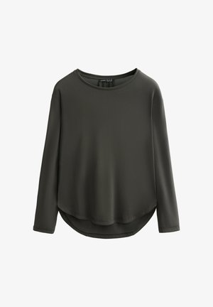Ciemnozielony top z długim rękawem i okrągłym dekoltem, wykonany z gładkiego materiału. Ma zaokrąglony dół i opuszczone ramiona, co zapewnia luźny krój.