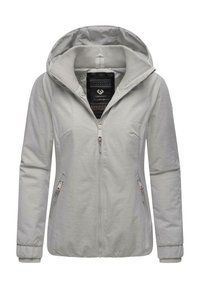 Šviesiai pilka zip-up striukė su kapišonu, pasižyminti tekstūruotu audiniu, dviem šoninėm kišenėm ir raštuotu vidiniu pamušalu. Elastingi rankogaliai ir apykaklė.