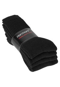Schwarze Socken mit einer gerippten Textur, ordentlich gestapelt, mit einem schwarz-roten Band, das "normani Original Quality Socks" beschriftet ist.
