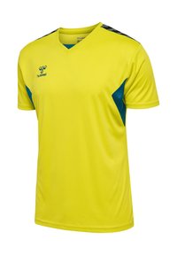 Gul kortärmad sporttröja med V-hals, blå detaljer och svarta ränder på axlarna. Tillverkad av lätt och ventilerande material.